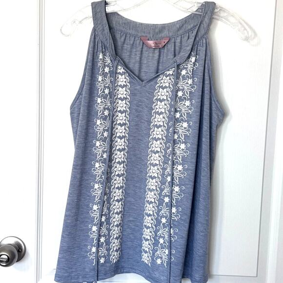 SJS Wms Med Blue Sleeveless Tunic Tank White Puffy Floral Design Tie Neck Casual - Picture 4 of 8